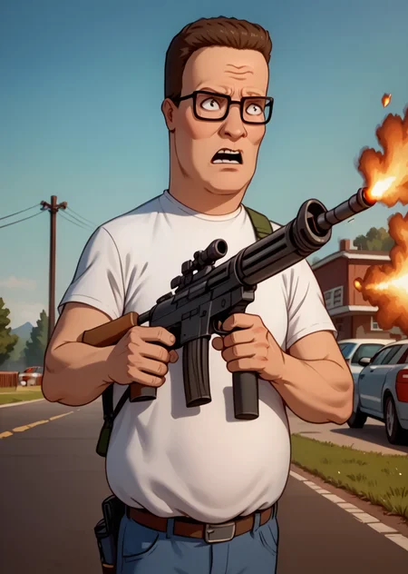 score_9, score_8_up, score_7_up, hank hill, outdoors, white shirt, glasses, solo, battle scene, action scene, shooting gun, rifle, explosions, angry, <lora:Hank_Hill:1>