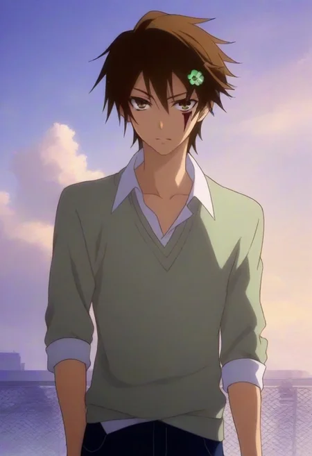 ((masterpiece)), ((best quality)), ((ultra-detailed)), ((absurdres)), score_9_up, score_8_up, score_7_up,
HD, top quality, best quality, amazing quality, High-quality illustrations, anime screencap, source_anime, best aesthetic, perfect proportions, perfect eyes, 1boy, 1male, solo boy, solo male, male focus, solo male focus, Anime, boy, male anime character, anime boy, handsome, cute, charming, sexy, good-looking, Utsutsu Hasegawa, brown hair, four-leaf clover hair clip, brown eyes, face mark, sweater, v-neck, white collared shirt, rolled sleeves, dark blue pants, ((slim body, lean body)), ((front view, front shot, facing front, view from the front)), ((cowboy shot, head to hips shot)), ((outside of school)), ((dark atmosphere, hazy scheme)), easynegative, updn, Expressiveh, masterpiece, best quality, very aesthetic, absurdres