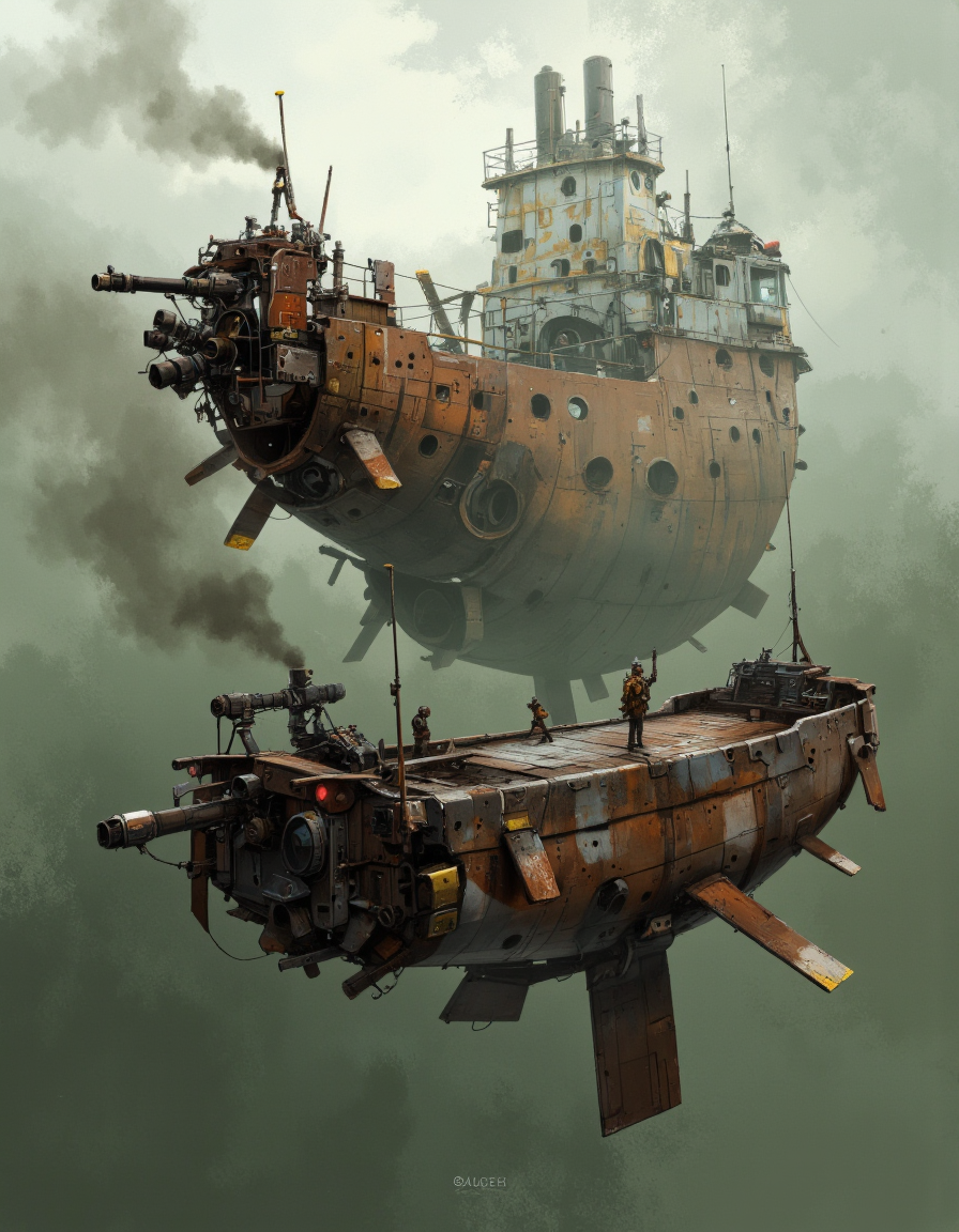 By Ian McQue. A digital illustration shoot from below about a futuristic ship with a steampunk aesthetic, featuring a large, rusted ship in the middle of the image, surrounded by smaller ships with similar features. the ship on the left has a large gun mounted on its deck, while the one on the right has a smaller gun on its back. the scene is set against a misty, foggy background, with smoke billowing from the ship's smokestacks, giving a sense of depth and atmosphere. the overall color palette is muted, with shades of green, brown, and black, giving the image a sci-fi and industrial feel. the image also shows a few soldiers standing on the ship, adding to the sense of movement and action.