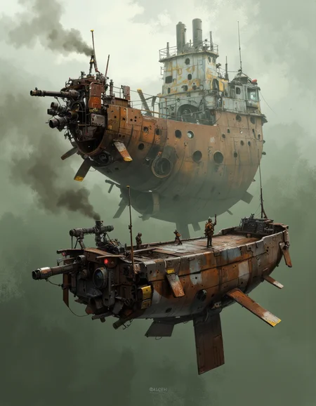 By Ian McQue. A digital illustration shoot from below about a futuristic ship with a steampunk aesthetic, featuring a large, rusted ship in the middle of the image, surrounded by smaller ships with similar features. the ship on the left has a large gun mounted on its deck, while the one on the right has a smaller gun on its back. the scene is set against a misty, foggy background, with smoke billowing from the ship's smokestacks, giving a sense of depth and atmosphere. the overall color palette is muted, with shades of green, brown, and black, giving the image a sci-fi and industrial feel. the image also shows a few soldiers standing on the ship, adding to the sense of movement and action.