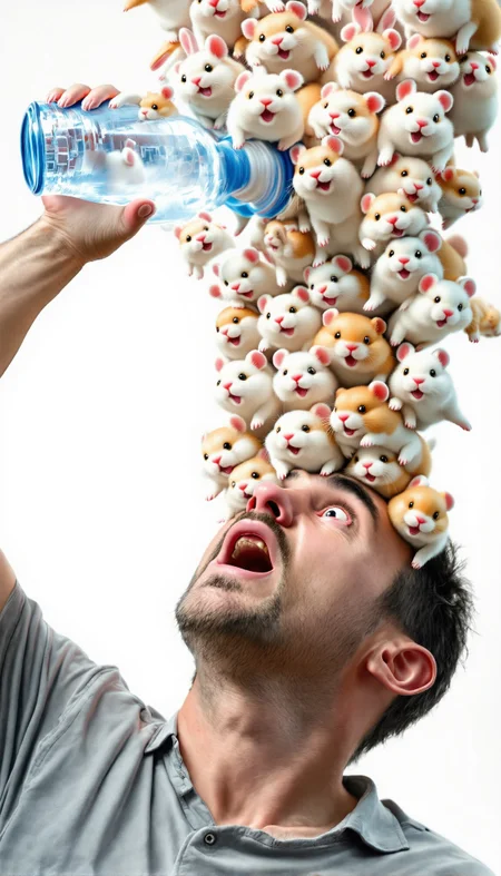 A surreal, whimsical scene captured in a high-contrast photographic style. A surprised man in casual clothing tilts his head back, holding a transparent water bottle above his mouth. Instead of water, an avalanche of miniature, pastel-colored hamsters, bunnies, and kittens pours out, cascading onto his bewildered face. Shot from a dramatic low angle, the lighting is bright and cheerful, creating a Studio Ghibli-inspired dreamlike quality. The animals' fur is detailed and fluffy, catching the light as they tumble through the air with playful expressions. Some creatures are mid-bounce off his nose and cheeks, while others cling to his eyebrows and hair, creating a comical tableau.
