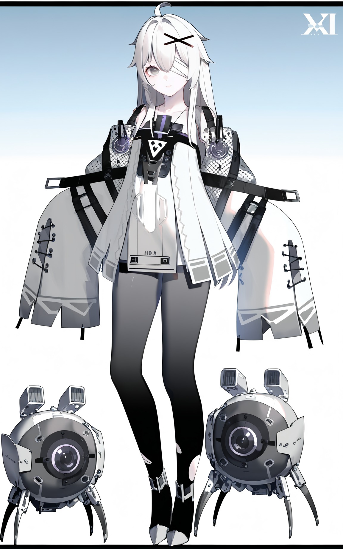 8k, best quality, masterpiece, (ultra-detailed), (high detailed skin), (by nanoless, by misumi \(macaroni\),:0.5), 
A full-body portrait of a young girl, standing gracefully, pastel art style, high-key lighting, shoujo manga influence, hd quality, delicate details, 
full body, full shot, standing, looking at viewer, (solo:1.2), simple background, white background, 
<lora:21XXI-atw2-Tanger-000005:0.8>, 21XXI, 1st clothes, x hair ornament, 1girl, long hair, white hair, torn clothes, pantyhose, torn pantyhose, grey eyes, sleeves past wrists, bandage over one eye,