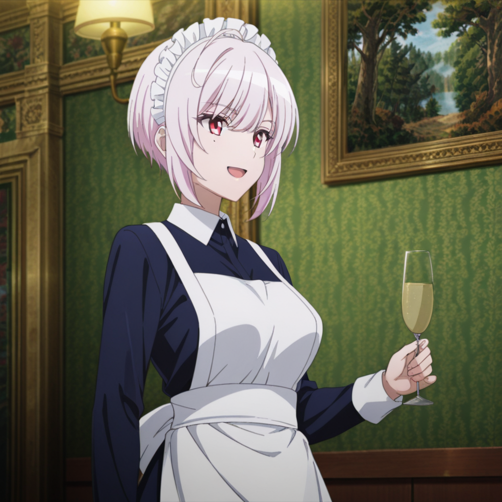 nsfw, masterpiece, best quality, 1girl, solo, spy_classroom_sibylla, maid headdress, short hair, red eyes, drinking glass, cup, maid, open mouth, smile, holding, wine glass, indoors, apron, pink hair, :d, picture frame, painting (object), lamp, bangs, mole, long sleeves, tree, white apron, maid apron, <lora:Sibylla_-_Spy_Classroom:0.7>