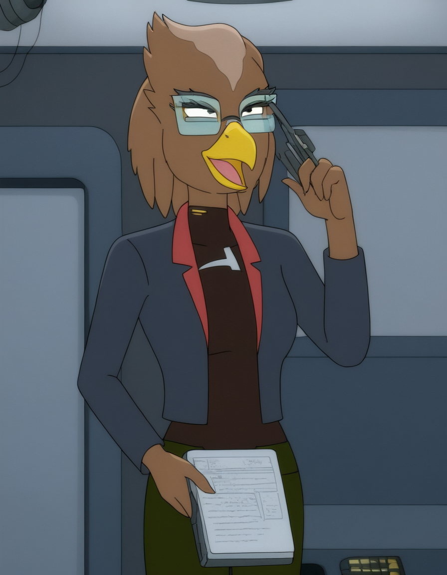 <lora:FrigleemanPonyXL:1> Frigleeman, anthro, female, bird, glasses, solo, source_cartoon, star trek, typing