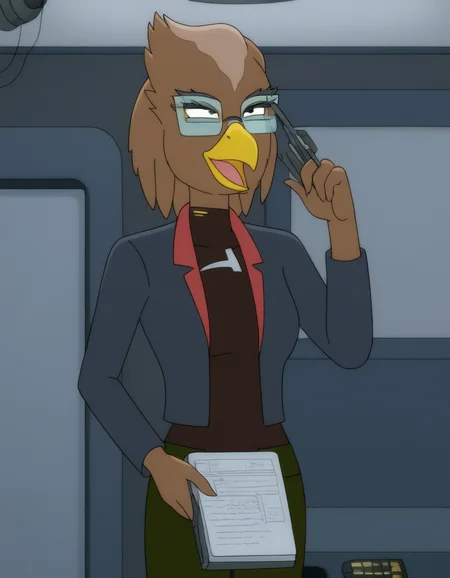<lora:FrigleemanPonyXL:1> Frigleeman, anthro, female, bird, glasses, solo, source_cartoon, star trek, typing