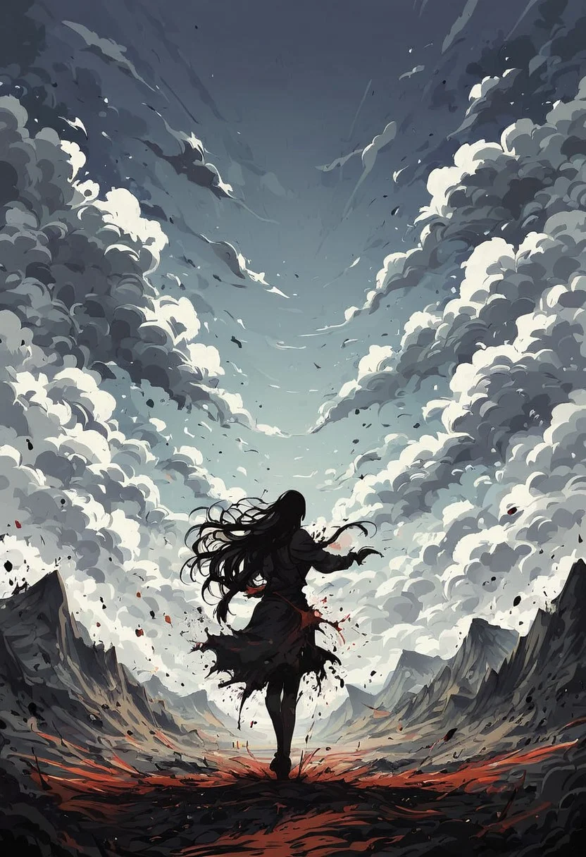score_9, score_8_up, score_7_up, score_6_up, ink splats, 1girl, long hair, wind, landscape, mountains, clouds
