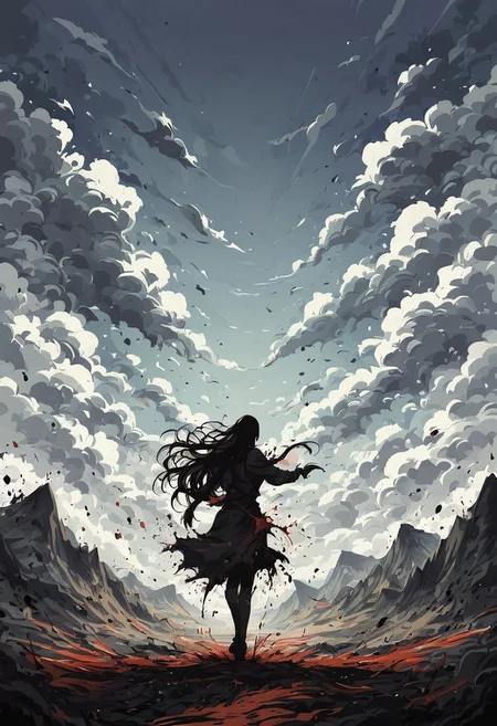 score_9, score_8_up, score_7_up, score_6_up, ink splats, 1girl, long hair, wind, landscape, mountains, clouds