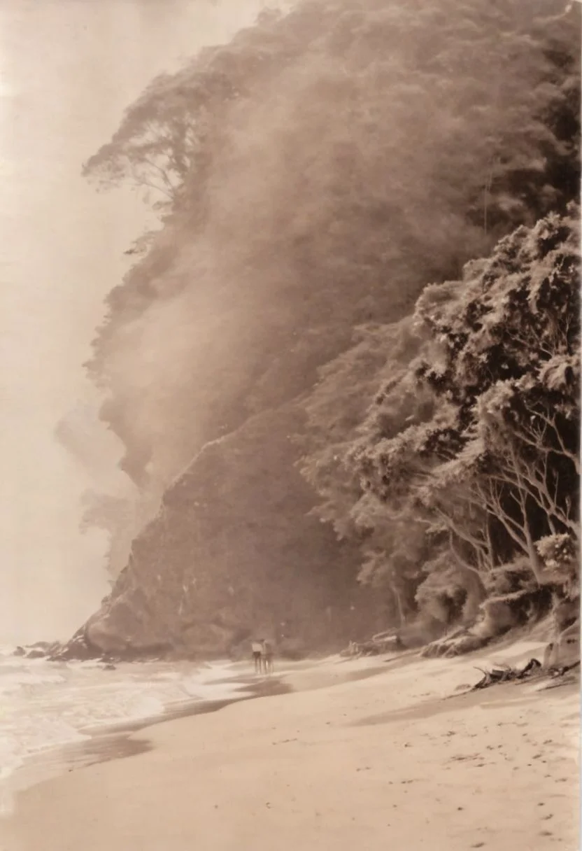 lith_agfabrovira_BH21, instagram photo, a foggy beach in sri lanka, hard shadows, film grain