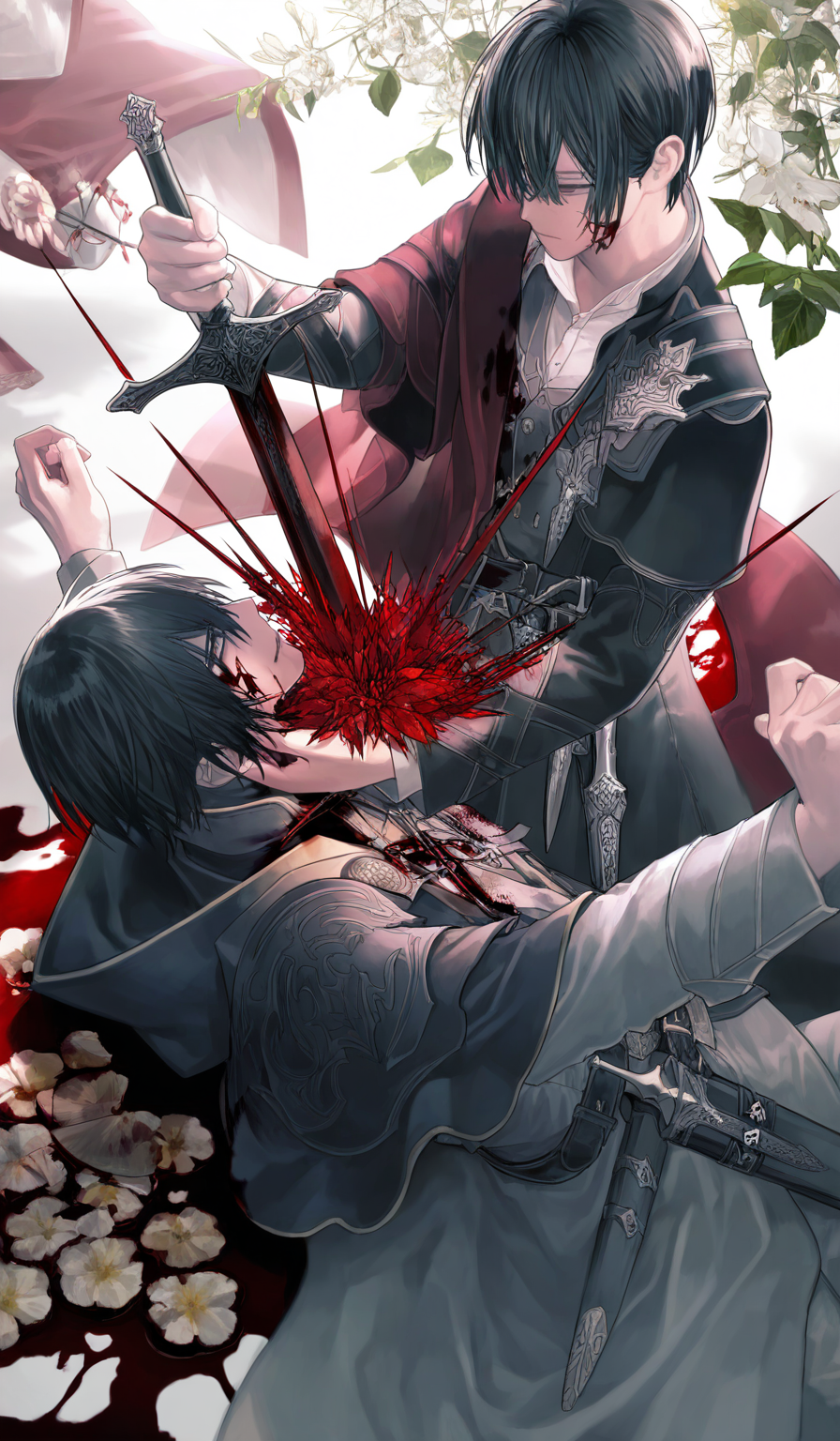 <lora:éµé£¼æ²æ¨¹-Style-000060:1>,highres,absurdres,newest,very awa,masterpiece,best quality,year 2024,
(upper body:1.6),
holding, weapon, multiple boys, blood, holding weapon, short hair, male focus, knife, flower, black hair, fruit, 2boys, belt, sword, stab, long sleeves, food, looking at another, blood on clothes, holding sword, standing, white flower, holding knife, from above, robe, bleeding, shirt, lying, blood on face, leaf, coat, on back, pants, dagger, torn clothes, blood on hands