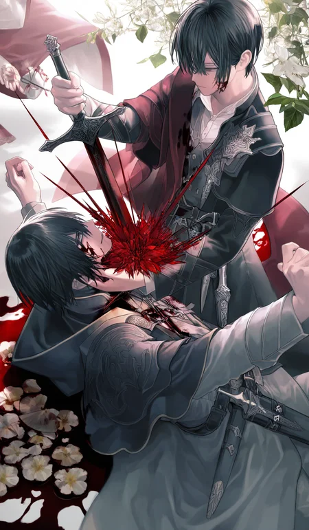 <lora:éµé£¼æ²æ¨¹-Style-000060:1>,highres,absurdres,newest,very awa,masterpiece,best quality,year 2024,
(upper body:1.6),
holding, weapon, multiple boys, blood, holding weapon, short hair, male focus, knife, flower, black hair, fruit, 2boys, belt, sword, stab, long sleeves, food, looking at another, blood on clothes, holding sword, standing, white flower, holding knife, from above, robe, bleeding, shirt, lying, blood on face, leaf, coat, on back, pants, dagger, torn clothes, blood on hands