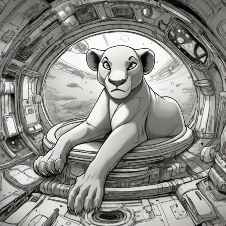 detailed drawing of <lora:nala-SDLX-flexible:1.0> nala sitting in the cocpit of a spaceship