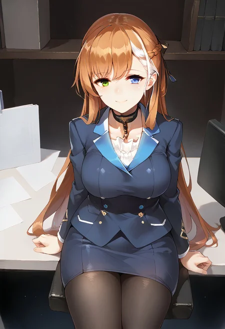 score_9, score_8_up, score_7_up, score_6_up, raw, 8k, source_anime, 1girl, solo, mature female, fusion, belfast \(azur lane\), springfield \(girls' frontline\), heterochromia, blue eyes, green eyes, auburn hair, white hair, two-tone hair, split-color hair, french braid, hair rings, long hair, large breasts, curvy, smile, warm smile, choker, chain, hair ribbon, office lady, blue jacket, blazer, white shirt, blue skirt, black pantyhose, cowboy shot, sitting, office chair, indoors, office, from front, from above, azur lane, girls' frontline, official style, painterly, perfect hands, nose, lips,