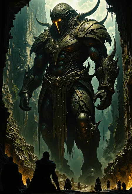cinematic photo . A towering, ancient Mayan statue brought to life, its massive stone form dominating the scene, with glowing yellow eyes radiating an eerie light. The statue has four muscular arms, each gripping a large golden saber that glimmers in the flickering torchlight. It's captured from a dramatic low-angle shot, creating a sense of impending danger as it lumbers towards the viewer. The weathered, moss-covered temple ruins behind it set the scene with crumbling stone structures, shrouded in darkness, barely illuminated by the flicker of distant torches. The atmosphere is ominous and otherworldly, the statue exuding a menacing, ancient power. <lora:- Flux1 - vanta_black_V2.0.safetensors:0.5>, <lora:flux.1_lora_flyway_Epic-Characters_v1.safetensors:0.75>, <lora:Elden_Ring_-_Yoshitaka_Amano.safetensors:1.0>, <lora:The_Dark_Side_Of_The_Future.safetensors:0.25>, <lora:artilands.safetensors:0.75>, <lora:m100-style_v.02.safetensors:0.25>, . 35mm photograph, film, bokeh, professional, 4k, highly detailed