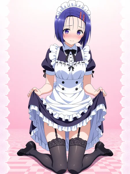 <lora:haruna:1>,haruna,hairclip,full body,thighhighs,maid,shy, dress lift,
