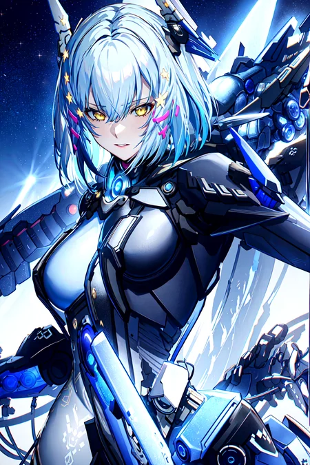 solo,masterpiece, best quality, girl,medium breasts, sliver hair,blue hair,mixcolored hair,machinery,machine wings,machinery girl,expressionless,upper body,yellow eyes,blue armor,<lora:Yuu:0.6>,starry,night,stars,