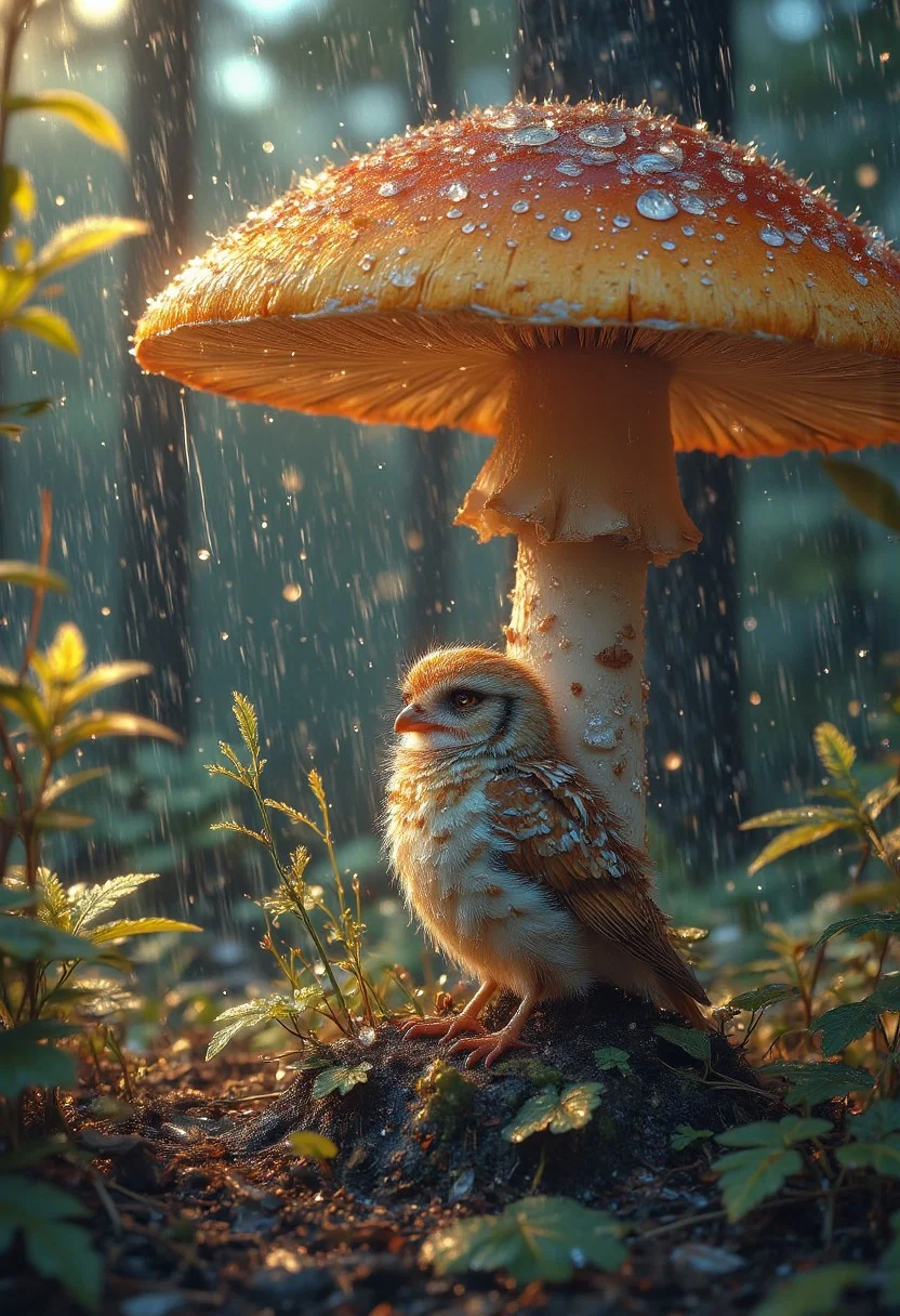 In the hushed stillness of a temperate forest awash in silken rainfall, a diminutive avian ambassador presides regally amidst the undergrowth. Sheltering beneath the flared umbrella of a burnished russet agaricus, the petite owlet surveys its aqueous kingdom with a gaze equal parts wise and winsome. Downy plumage of tawny and ivory hues ruffles subtly in the breeze-borne kisses of precipitation, each filament dewdrop-laden and luminous. Gossamer wisps of vapor curl sensually around the fungal pedestal, softening edges and lending an ethereal nimbus to the tableau. Beyond the immediate sanctuary, the woodland murmurs with the susurrus of falling water, leaves and needles acting as thousands of percussive instruments in a symphony composed by the elements themselves.
impressionist painting, loose brushwork, vibrant color, light and shadow play, captures feeling over form, surreal, digital artwork,
beautiful, painterly, detailed, textural, artistic, aesthetic, intricate details, highly detailed, vivid, vibrant, volumetric lighting,
aidmaMJ6.1