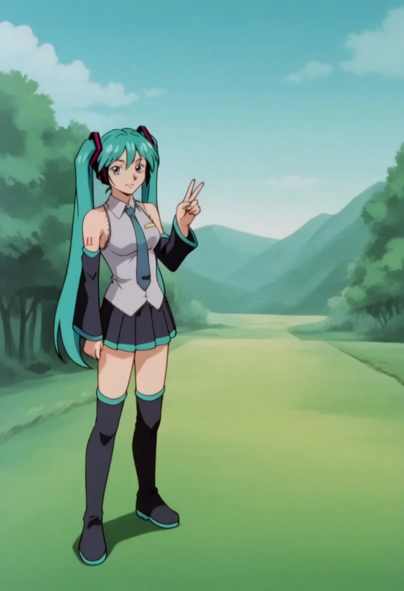 safe_pos, score_8, score_8_up, score_7_up, AWGXS, anime screenshot, retro artstyle,1990s (style), cel animation BREAK 1girl, female focus, solo, hatsune miku, medium breasts, twintails,necktie, collared shirt, sleeveless, detached sleeves, tattoo, aqua hair, skirt, pleated skirt, thighs, thighhighs, v, looking at viewer, outdoors, scenery, standing, boots, thigh boots,