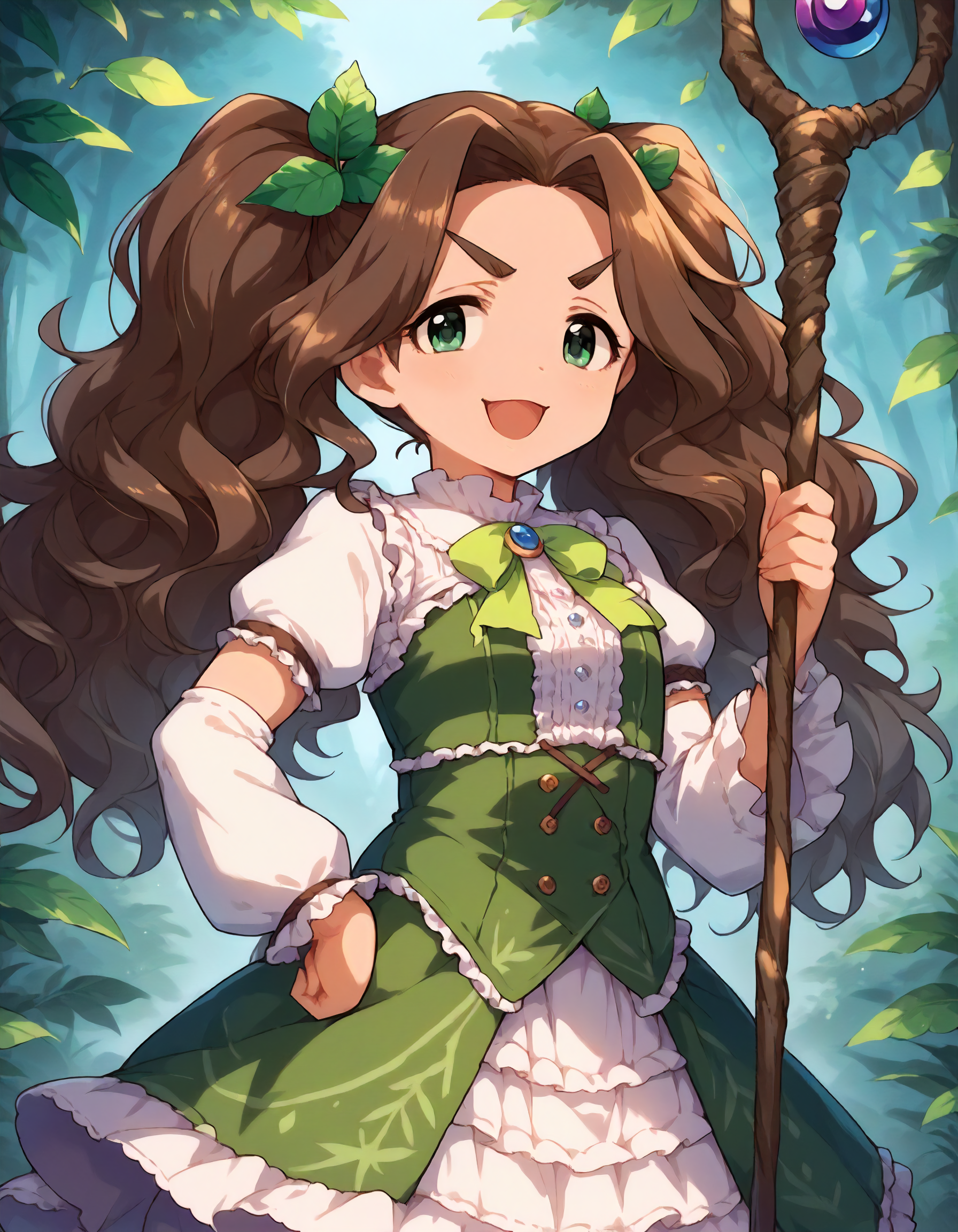 score_9,score_8_up,score_7_up,1girl,solo,cowboy shot,looking at viewer,smile,(smug:0.7),open mouth,forest,hand on hip,
<lora:kusakabewakaba_ponyXLV6:0.8>,cgkw,kwhb,brown hair,twintails,wavy hair,thick eyebrows,green eyes,
 holding staff,frilled dress,detached sleeves,leaf