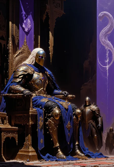 Blue armored knight,helmet with white ponytail  , no visible  face , sitting on  a throne , purple blinds with dwhite dragon painting, oblique angle  throne  room , detailed background  , high quality, 
<lora:flux.1_lora_flyway_Epic-Characters_v1:0.43>