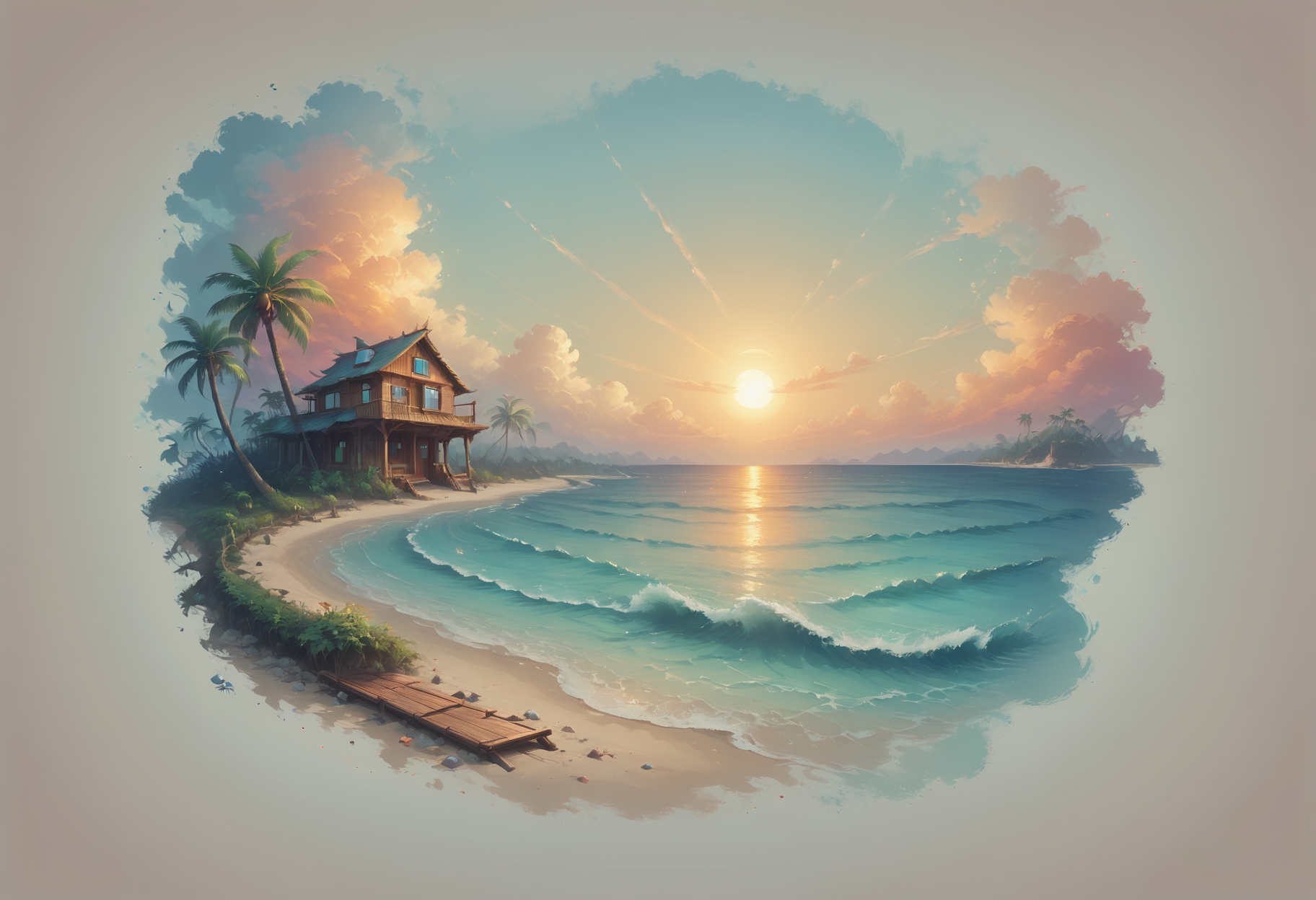 Faded Headshot, faded bottom, faded edges  <lora:FadedHeadshot:1>,score_9,score_8_up,score_7_up,score_6_up,score_5_up,score_4_up Beach landscape, golden sandy shores, turquoise ocean waves, tropical palm trees, coastal flowers, seashells scattered on the sand, gentle sea breeze, wooden boardwalk, thatched beach huts, fluffy white clouds, radiant sunset sky, warm and vibrant color tones, picturesque seaside scenery, serene and tranquil atmosphere