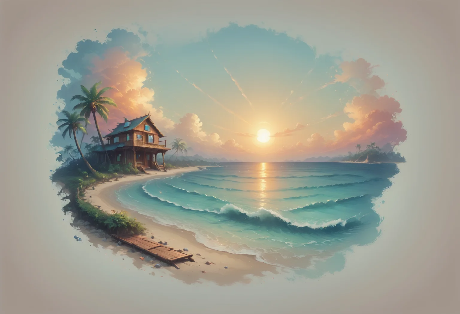 Faded Headshot, faded bottom, faded edges <lora:FadedHeadshot:1>,score_9,score_8_up,score_7_up,score_6_up,score_5_up,score_4_up Beach landscape, golden sandy shores, turquoise ocean waves, tropical palm trees, coastal flowers, seashells scattered on the sand, gentle sea breeze, wooden boardwalk, thatched beach huts, fluffy white clouds, radiant sunset sky, warm and vibrant color tones, picturesque seaside scenery, serene and tranquil atmosphere