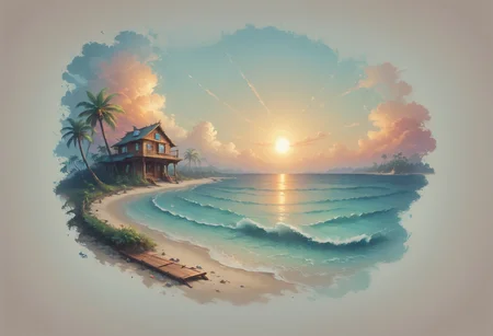 Faded Headshot, faded bottom, faded edges <lora:FadedHeadshot:1>,score_9,score_8_up,score_7_up,score_6_up,score_5_up,score_4_up Beach landscape, golden sandy shores, turquoise ocean waves, tropical palm trees, coastal flowers, seashells scattered on the sand, gentle sea breeze, wooden boardwalk, thatched beach huts, fluffy white clouds, radiant sunset sky, warm and vibrant color tones, picturesque seaside scenery, serene and tranquil atmosphere