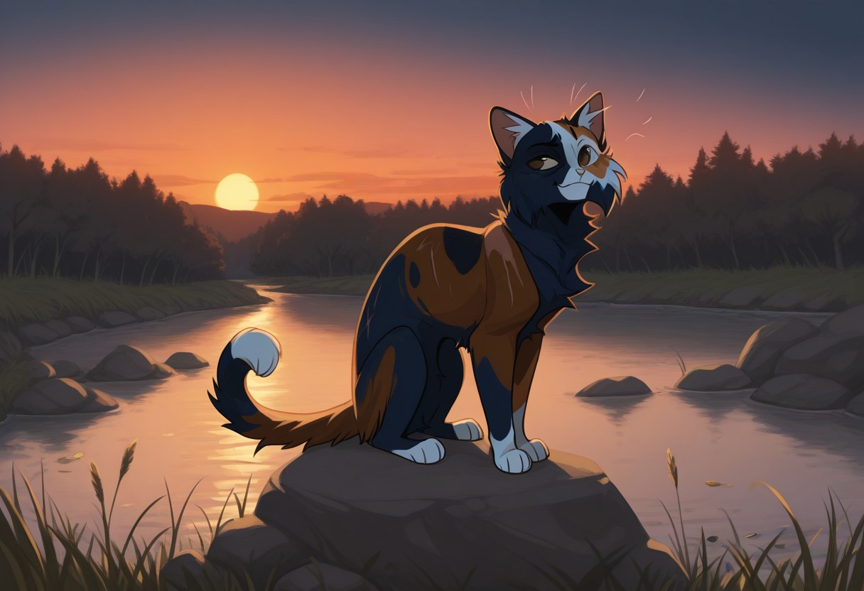 GrayPill0w,
Fisheye View,
digitigrade, (((cat anatomy, feral anatomy, quadrupedal))),
1boy, (calico cat, ((feral)), (quadruped), ((slightly chuuby)), (blind eye, scar over blind eye), moustache-like fur, fur as moustache, tricolor, (brown fur), (dark blue fur), (light hazel fur), (color divided fur), (fur segmented), (face fur segmented:1.2), segmented ears fur), eyes light hazel, (chest light hazel), (light hazel paws), pawpads pink, irregular rings tail, brown eyes, fuzzy fur, smirk, ((animal fur not hair)), (((small, short stature, small size))), 4 feet toes), sitting, over rock, (((looking to background, looking sunset))), 
sunset, river, grass, background, wind, leaves in wind, rock on river,
focus back, from_side, from_behind,