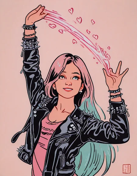 by wwdenslow, masterpiece, best quality, absurdres, highres, new, amazing quality, 1girl, aged-up, punk, ballerina, dancing, magic, hearts, butterflies, happy, black-hair, aqua-hair, pink-hair, leather-jacket, spiked-bracelet, pink-theme, general