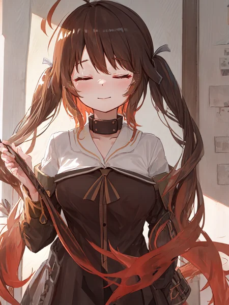 masterpiece, best quality, <lora:mtf-000004:1>, M14, holding hair, closed eyes, closed mouth, solo,
