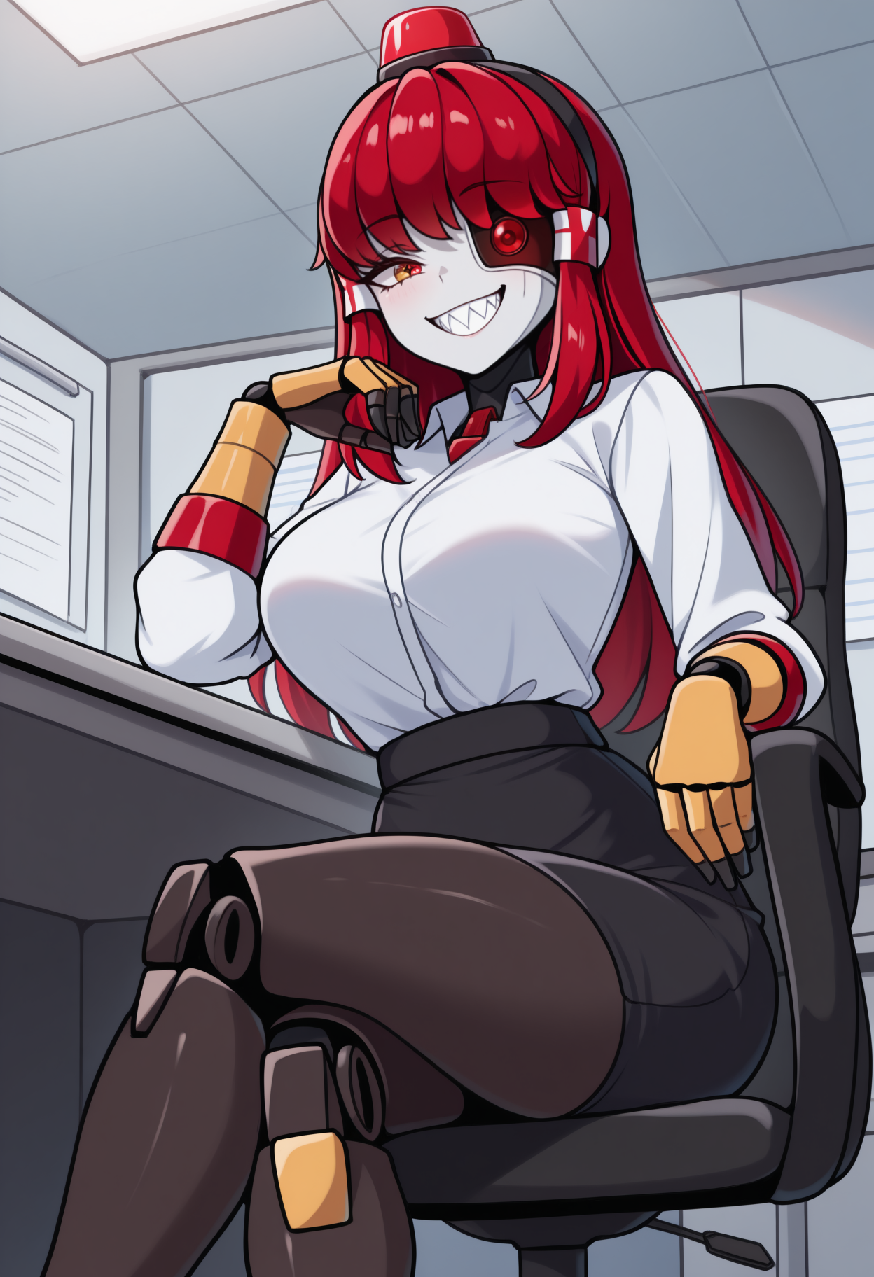 anime, masterpiece, best quality, newest, feet out of frame, solo, 1girl, m1m1, robot girl, robot joints, fewer digits, sharp teeth, grin, looking at viewer, sitting, office chair, crossed legs, long hair, red hair, hair tubes, black hairband, red headwear, mini hat, heterochromia, yellow eyes, artificial eye, red eyes, white shirt, collared shirt, long sleeves, yellow gloves, black skirt, pencil skirt, indoors, office, cubicle, table
<segment:yolo-Anzhc Face seg 640 v2 y8n.pt,0.4,0.5//cid=1>
