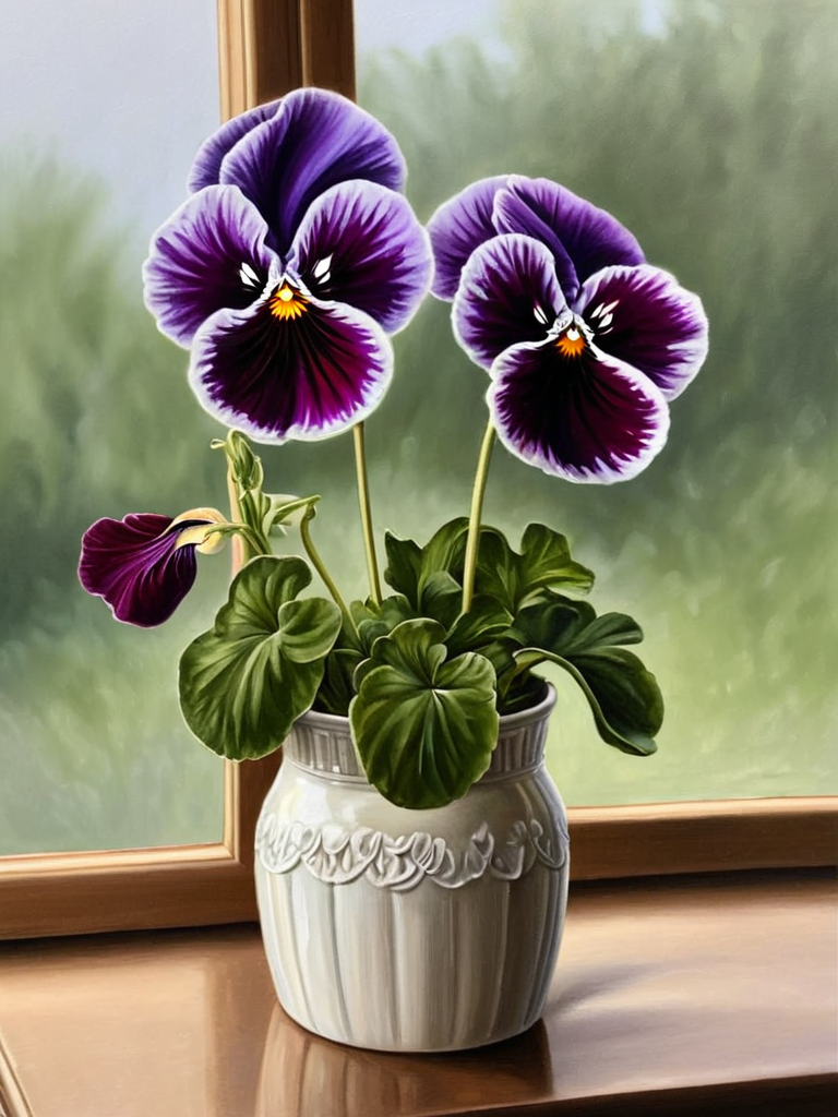 oil painting,  detailed, depth of field, viola by ingrid-elias-style in a white flower vase, in a room, sitting on a table with a  window in one wall<lora:ingrid_elias_style:1>