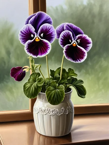 oil painting, detailed, depth of field, viola by ingrid-elias-style in a white flower vase, in a room, sitting on a table with a window in one wall<lora:ingrid_elias_style:1>