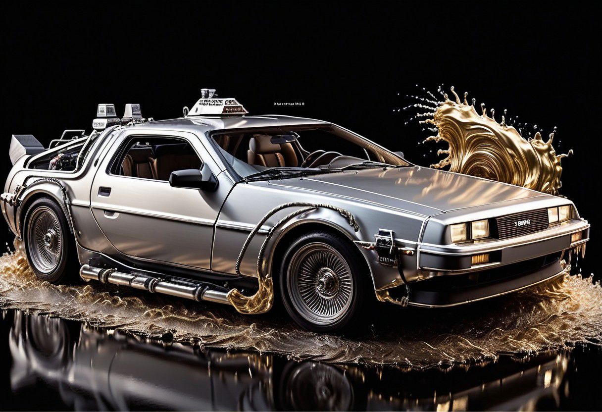 SILVER LIQUID METAL car, Car from back to the future, car, racing through GOLD LIQUID METAL, liquid metal sprays up from the cars tyres, Car drifting in a black void