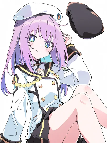 1girl,solo,simple background,white background,looking_at_viewer,smile,sitting,,danyang,purple hair,hat,<lora:danyang-000012:1.1>, masterpiece, best quality, very aesthetic, absurdres,newest, incredibly absurdres,, ,(Ixy:0.6)),(hiten \(hitenkei\):0.7),