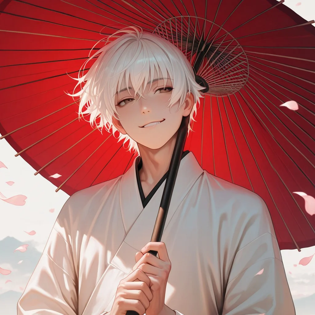 masterpiece, best quality, amazing quality, absurdres, newest, detailed background, definition so sharp, Ultra-HD, 8K cinematic, very awa, impressionate, amazing quality, highres,
solo, male focus, manly,
yashiroisana, 1boy, short hair, bangs, shiro_white hair, shiro_brown eyes, oil-paper umbrella, holding umbrella like a staff, playful smirk, calm gaze, wind blowing, floating petals, aesthetic, powerful, serene, playful