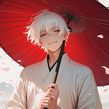 masterpiece, best quality, amazing quality, absurdres, newest, detailed background, definition so sharp, Ultra-HD, 8K cinematic, very awa, impressionate, amazing quality, highres,
solo, male focus, manly,
yashiroisana, 1boy, short hair, bangs, shiro_white hair, shiro_brown eyes, oil-paper umbrella, holding umbrella like a staff, playful smirk, calm gaze, wind blowing, floating petals, aesthetic, powerful, serene, playful