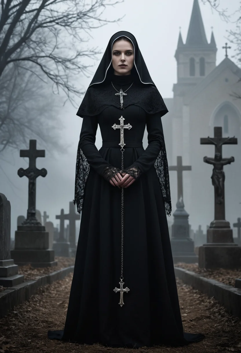 cinematic still This is a digital artwork depicting a dark, gothic-themed scene. The central figure is a nun dressed in a traditional black habit with a high collar and veil, which covers her face. She has a pale complexion and wears a black lace bodysuit that accentuates her ample breasts and curves. Her outfit is adorned with intricate lace patterns and features a large, silver cross pendant around her neck. Her hands are gloved in black and she holds a pair of sheathed daggers in her right hand, poised as if ready for action . emotional, harmonious, vignette, 4k epic detailed, shot on kodak, 35mm photo, sharp focus, high budget, cinemascope, moody, epic, gorgeous, film grain, grainy, The background is foggy and misty, with a chain-link fence in the distance and a row of crosses, symbolizing a cemetery or grave site. The atmosphere is eerie and ominous, with a heavy, gloomy tone conveyed through the grayscale color palette. The texture of the nun's outfit is delicate and intricate, contrasting with the rough, metallic sheen of her weapons and the cold, misty environment. The overall mood is one of suspense and mystery, blending elements of religious and gothic imagery. The artwork utilizes high-definition digital techniques, emphasizing fine details and shadows to create a haunting, immersive experience, This is a digital artwork depicting a dark, gothic-themed scene. The central figure is a nun dressed in a traditional black habit with a high collar and veil, which covers her face. She has a pale complexion and wears a black lace bodysuit that accentuates her ample breasts and curves. Her outfit is adorned with intricate lace patterns and features a large, silver cross pendant around her neck. Her hands are gloved in black and she holds a pair of sheathed daggers in her right hand, poised as if ready for action, dynamic, cinematic, sharp focus, ambient light, detailed background, relaxed, designed, tender, rich deep colors, magic, creative, positive emotional, glowing, vibrant, color, illuminated