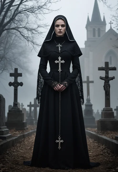 cinematic still This is a digital artwork depicting a dark, gothic-themed scene. The central figure is a nun dressed in a traditional black habit with a high collar and veil, which covers her face. She has a pale complexion and wears a black lace bodysuit that accentuates her ample breasts and curves. Her outfit is adorned with intricate lace patterns and features a large, silver cross pendant around her neck. Her hands are gloved in black and she holds a pair of sheathed daggers in her right hand, poised as if ready for action . emotional, harmonious, vignette, 4k epic detailed, shot on kodak, 35mm photo, sharp focus, high budget, cinemascope, moody, epic, gorgeous, film grain, grainy, The background is foggy and misty, with a chain-link fence in the distance and a row of crosses, symbolizing a cemetery or grave site. The atmosphere is eerie and ominous, with a heavy, gloomy tone conveyed through the grayscale color palette. The texture of the nun's outfit is delicate and intricate, contrasting with the rough, metallic sheen of her weapons and the cold, misty environment. The overall mood is one of suspense and mystery, blending elements of religious and gothic imagery. The artwork utilizes high-definition digital techniques, emphasizing fine details and shadows to create a haunting, immersive experience, This is a digital artwork depicting a dark, gothic-themed scene. The central figure is a nun dressed in a traditional black habit with a high collar and veil, which covers her face. She has a pale complexion and wears a black lace bodysuit that accentuates her ample breasts and curves. Her outfit is adorned with intricate lace patterns and features a large, silver cross pendant around her neck. Her hands are gloved in black and she holds a pair of sheathed daggers in her right hand, poised as if ready for action, dynamic, cinematic, sharp focus, ambient light, detailed background, relaxed, designed, tender, rich deep colors, magic, creative, positive emotional, glowing, vibrant, color, illuminated