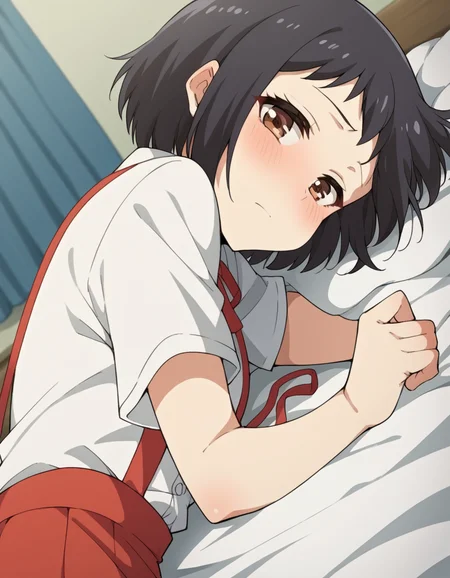 score_9, score_8_up, score_7_up, source_anime, <lora:hanako-hasegawa-ova-ponyxl-lora-nochekaiser:1>, hanako hasegawa, short hair, black hair, brown eyes,, skirt, shirt, ribbon, school uniform, white shirt, red ribbon, suspenders,, indoors, bed, bed room, on side, blush, drunk, looking at viewer, solo,, cowboy shot, dutch angle