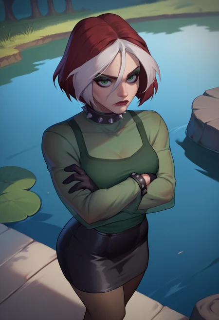 score_9, score_8_up, score_7_up, <lora:rogue-guy-PONYv1:1>, 1girl, solo, breasts, EVOrogue, makeup, short hair, spiked collar, black gloves, see-through, green shirt, long sleeves, black skirt, pantyhose, outdoors, lake, crossed arms, from above,