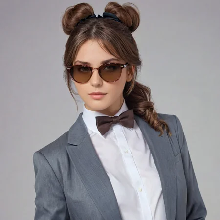 masterpiece, best_quality, 1girl, solo, <lora:k'ra v6.0 XL:0.8>, k'ra, grey eyes, brown hair, suit, bowtie, sunglasses in hair, score_9, score_7_up, source_anime, ntm,