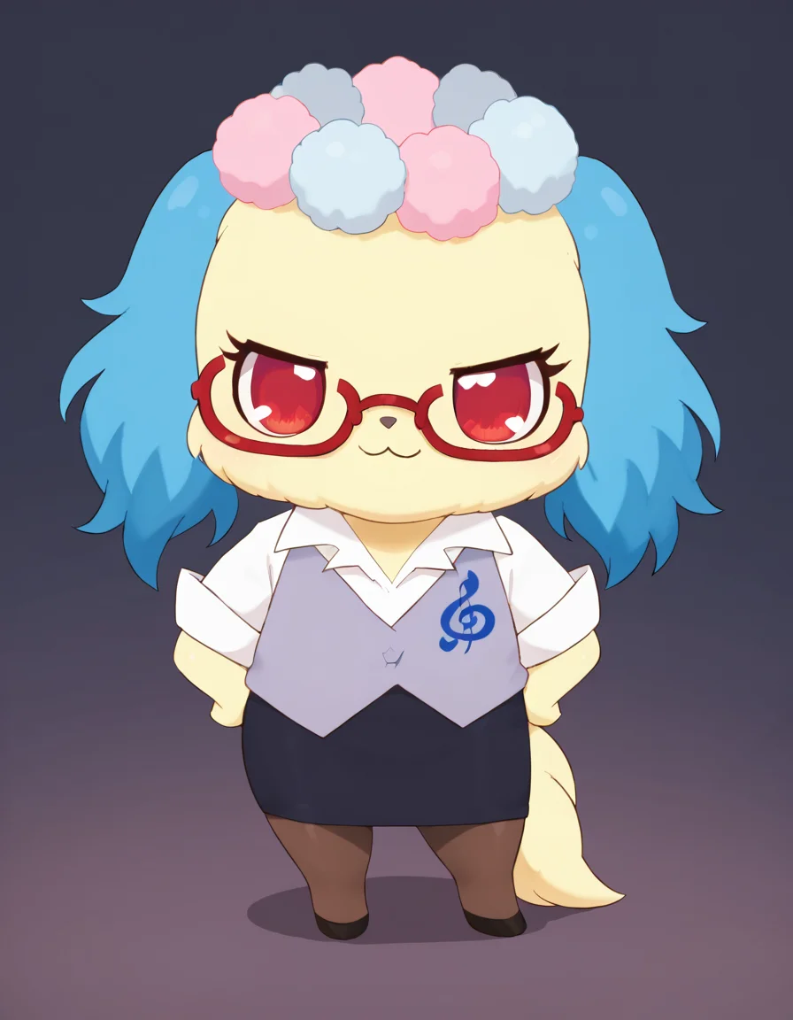 score_9, score_8_up, score_7_up, source_furry, realistic, furry, no humans, solo, jpsapphie-t, female, chibi, feral, 3 toes, yellow body, yellow face, (blue ears), yellow tail, flower crown, white shirt, grey cardigan, red glasses, black skirt, stockings, pumps, red eyes, looking up, looking at viewer, :3, smug face, smile, standing, hands on waist, dark background, three-quarter view, from above <lora:jp_TeacherSapphie_Pony:1>