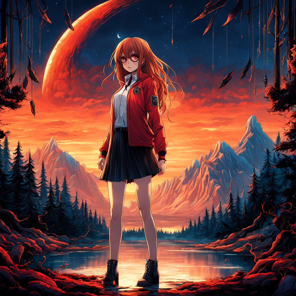 (masterpiece, best quality:1.3), reflections, extremely detailed, (extremely detailed CG unity 8k wallpaper), cinematic lighting, detailed background, purah, red glasses, hair ornament, white jacket, sleeveless shirt, black skirt, orange leggings, smile, breast, night, moon, forest, mountains, waterfall, upper body, red eyes, detalied eyes, cloud, colorful, starry, stars 
by dnmumfrd <lora:dan_mumford_v09:1.45>,, horror-themed  . eerie, unsettling, dark, spooky, suspenseful, grim, highly detailed, anime artwork  . anime style, key visual, vibrant, studio anime,  highly detailed, biomechanical cyberpunk  . cybernetics, human-machine fusion, dystopian, organic meets artificial, dark, intricate, highly detailed