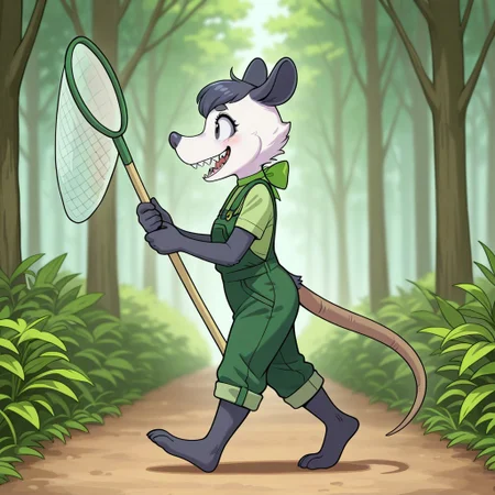 Lily(PP), Solo, 1girl, anthro, female furry, Possum, virginia opossum, white and black fur, black hair, short hair, black eyes, black ears, black nose, possum tail, full body, green shirt, green overalls, Green neckbow, holding butterfly net, from side, walking, forest background, smiling, sharp teeth, excited look,
