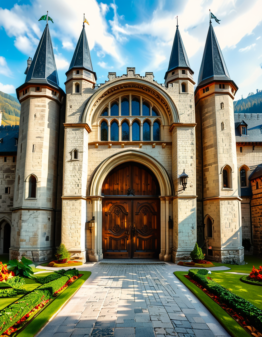 A highly detailed and realistic photograph of the massive entrance door of a medieval castle. The heavy wooden door is reinforced with large iron studs and intricate metalwork, set within a grand stone archway. The aged stone walls surrounding the entrance are weathered, covered in patches of moss and ivy, giving a sense of ancient history.
The cobblestone pathway leading to the door is slightly worn, with scattered fallen leaves and small tufts of grass growing between the stones. Above the entrance, a small, narrow window or arrow slit adds to the castleâs defensive design. The scene is illuminated by soft, natural light, casting shadows that highlight the textures of the stone and wood. The atmosphere is mysterious and majestic, evoking a sense of medieval grandeur.
<lora:SDXLFaeTastic2400:0.4> <lora:extremely_detailed:0.4> extremely detailed,  <lora:medieval_c4stl3_d00r:1>,medieval c4stl3 d00r, Masterpiece,best quality,hi res,8k,hi res,8k,award winning,(sharp focus, intricate, highly detailed),