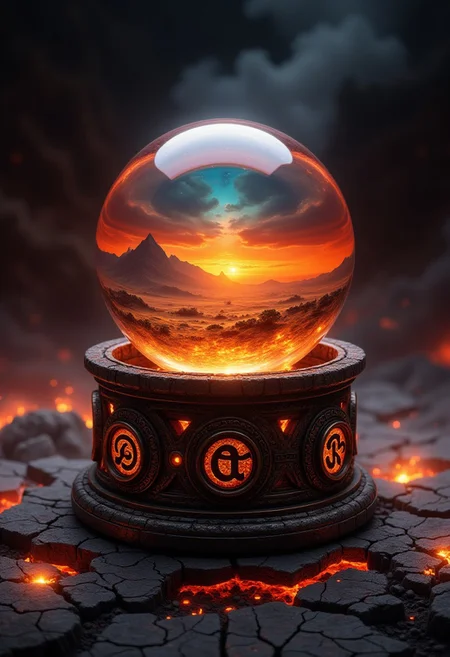 "A hyperrealistic close-up shot of a crystal ball resting on a weathered, blackened pedestal carved with intricate runes glowing faintly in amber. Inside the crystal ball, a swirling flame burns eternally, its vibrant hues shifting between orange, gold, and blue, as though alive and suspended in time. The reflection on the ball shows a desolate, ash-covered landscape with a single distant, jagged mountain peak beneath a crimson and stormy sky. Around the pedestal, scattered embers glow softly, casting warm light on the cracked and textured ground. The background fades into a smoky haze, with subtle flickers of firelight illuminating the swirling smoke patterns. The lighting is dramatic, with intense highlights on the crystal ball and deep, shadowy contrasts around the edges, creating a powerful, moody atmosphere. Hyperdetailed textures, glowing ember effects, and intricate reflections bring the fiery core and surrounding environment to life."
<lora:FluxDFaeTasticDetails:0.2> <lora:aidmaHyperrealism-FLUX-v0.3:0.8>