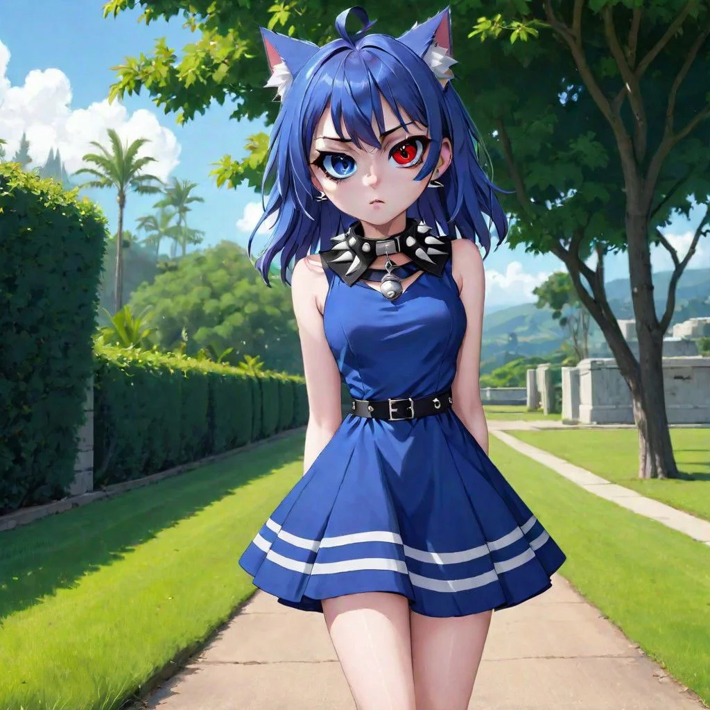 totless, full body, 1girl, outfit1, spiked collar , outdoor background, heterochromia , blue dress with one white stripe, one red right eye