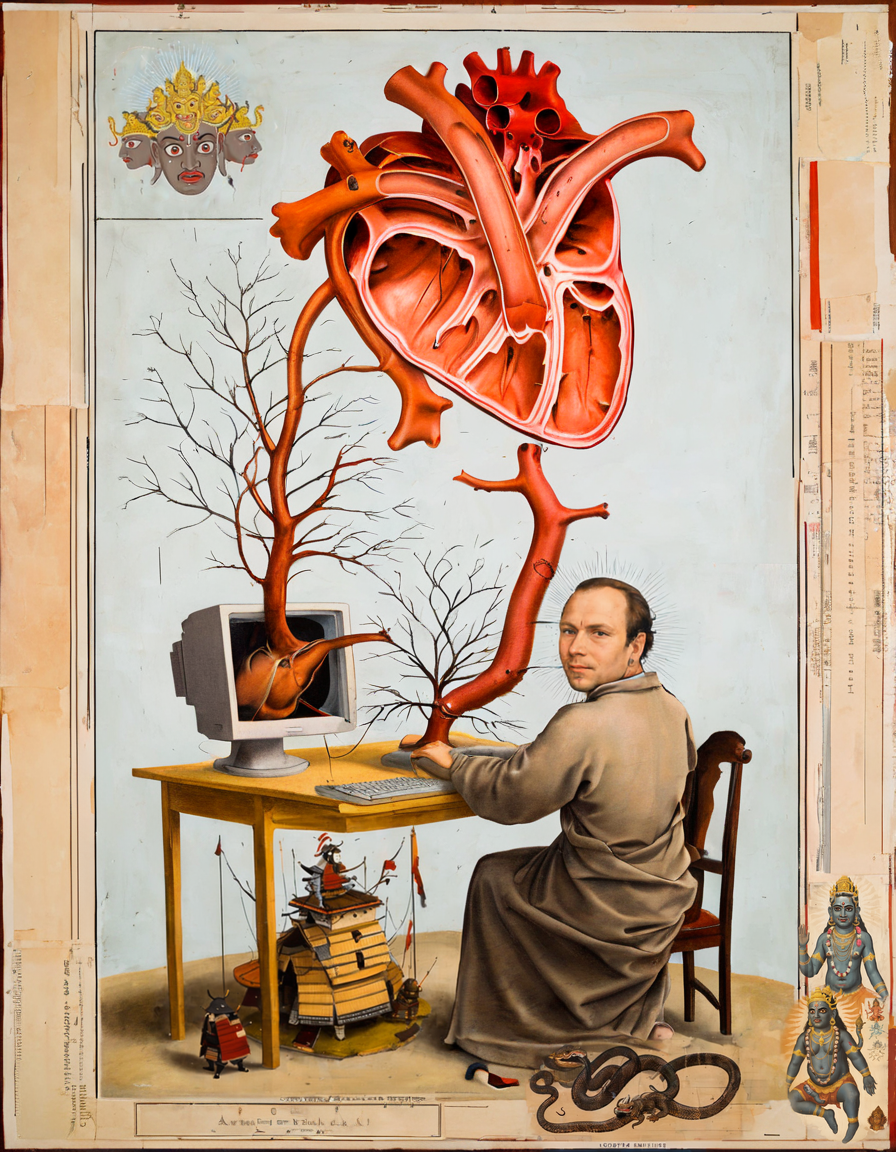 <lora:rvaz-000007:0.8>rvaz, a man sitting in front of a disected heart growing out from a crt computer monitor like its a tree