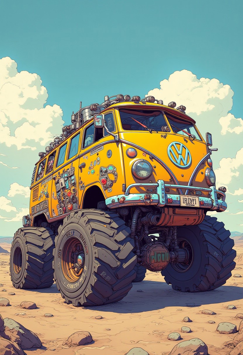 vw van monster truck, dieselpunk style, very inspirational, glossy, dynamic body, beautiful elegant, excellent composition, intricate artistic color, romantic, intricate, beautiful, vibrant, perfect intricate, cyberpunk, anime, stunning fine detail, The background is A post-apocalyptic wasteland that creates a sense of desolation and danger, contrasting with the vibrant colors and playful nature of the truck