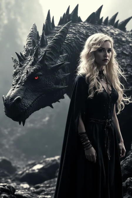 A captivating dark fantasy photograph of a woman with flowing white hair, wearing a dark hooded cloak. She stands confidently beside a colossal, intricately detailed dragon with jagged scales, glowing red eyes, and menacing spikes on its head. The misty backdrop reveals a rocky terrain, creating an eerie and mysterious atmosphere. The image exudes a sense of power and camaraderie between the woman and the dragon., photo, dark fantasy